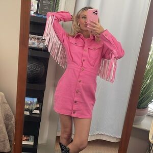 Pink Fringe Button-Up Denim Dress
